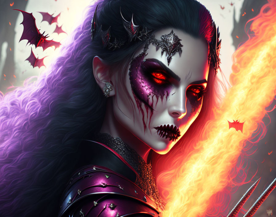Fantasy artwork of a woman with dark, demonic features, glowing red eyes, purple hair, bats
