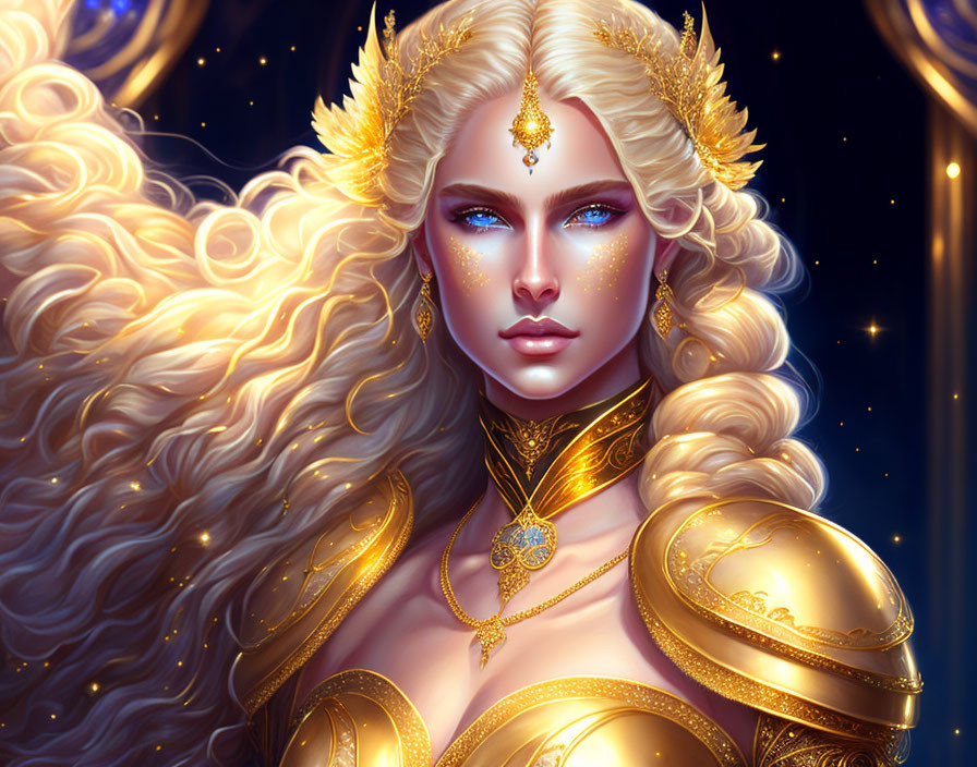 Regal woman with curly blonde hair and gold jewelry on starry night background