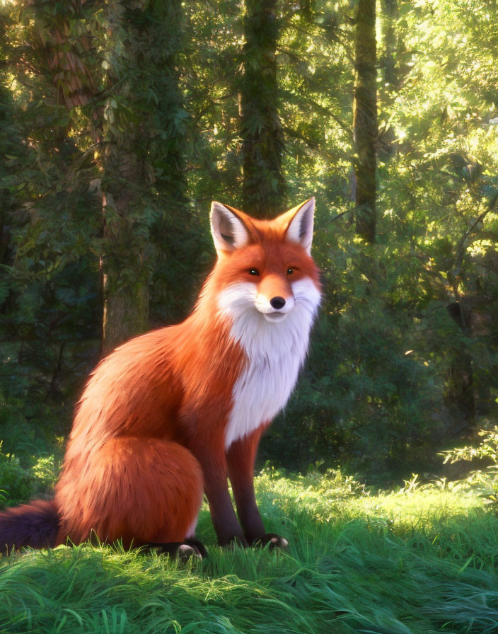 Red fox in sunlit forest clearing with tall green trees