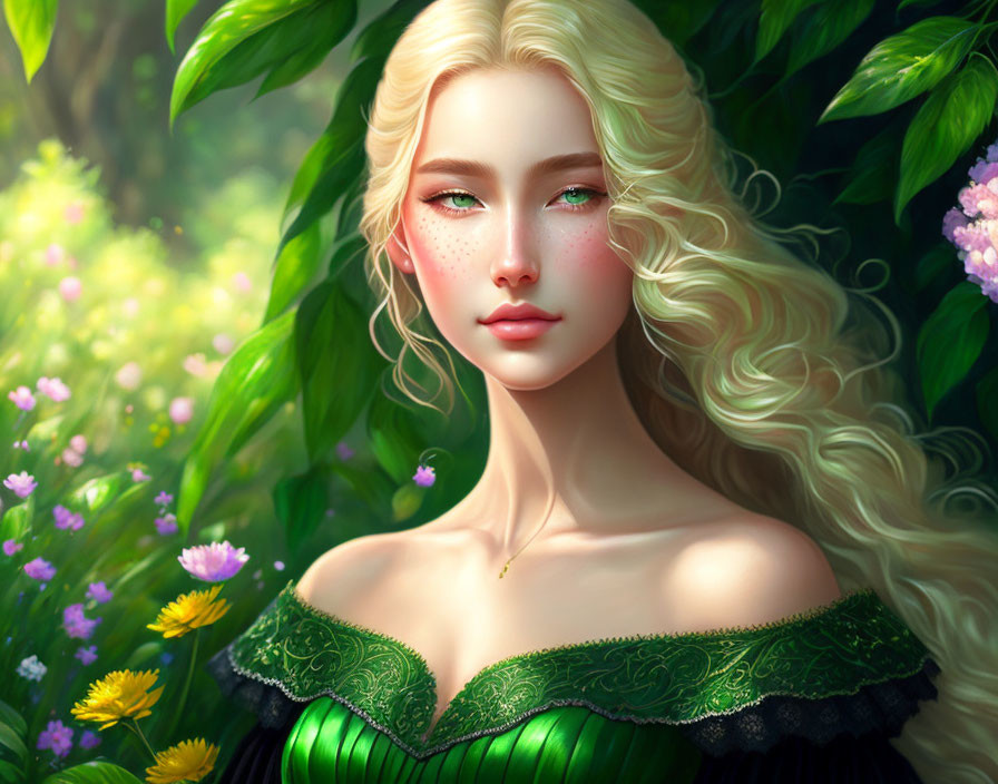 Digital illustration of woman with blonde hair and green eyes in vibrant floral setting