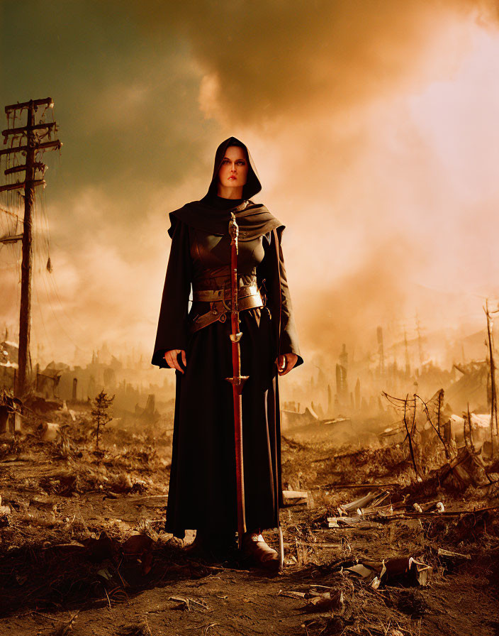 Figure in black cloak with sword in post-apocalyptic scene