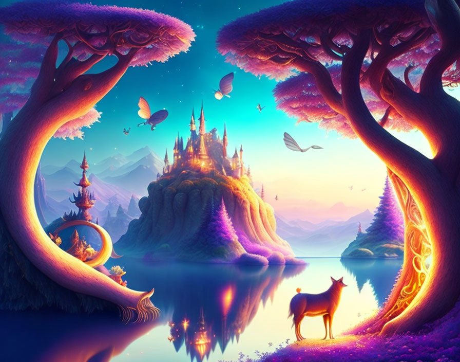 Vibrant trees, castle, butterflies, lake, and deer in mystical landscape