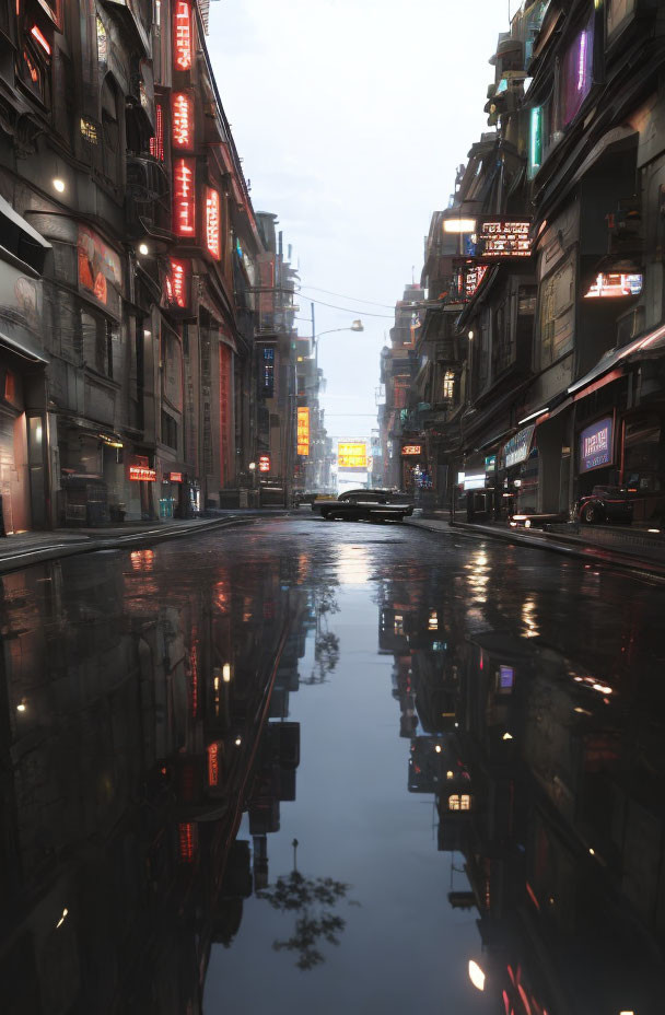Moody urban street scene at dusk with neon signs reflected on wet roads