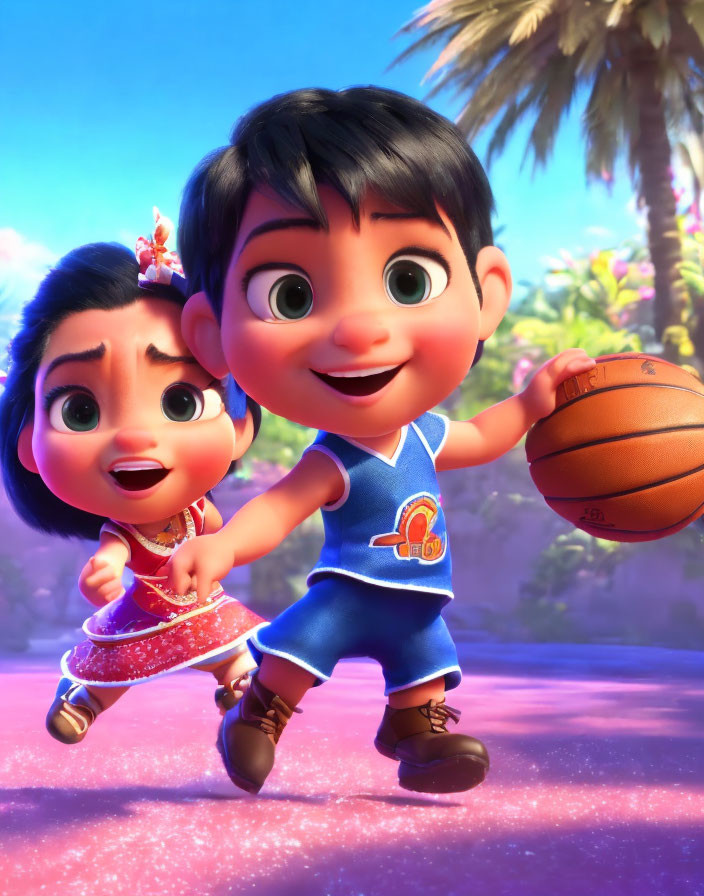 Animated children in red and blue outfits with basketball in sunny palm-lined scene