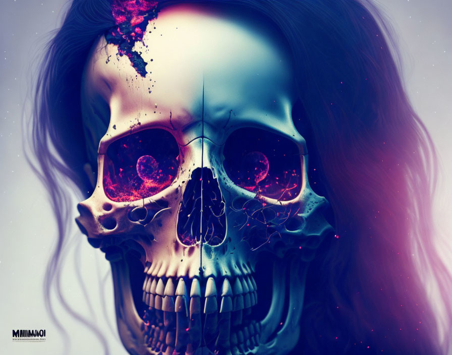 Digital artwork: Human skull with glowing crimson eye socket, overlaid on profile of person with flowing hair