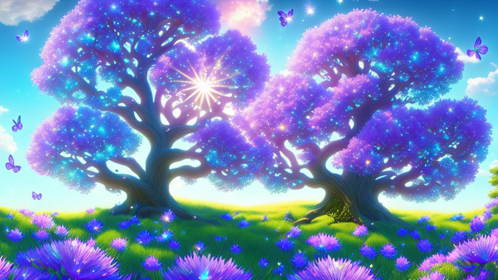 Fantasy landscape with purple trees, glowing butterflies, and lush flowers