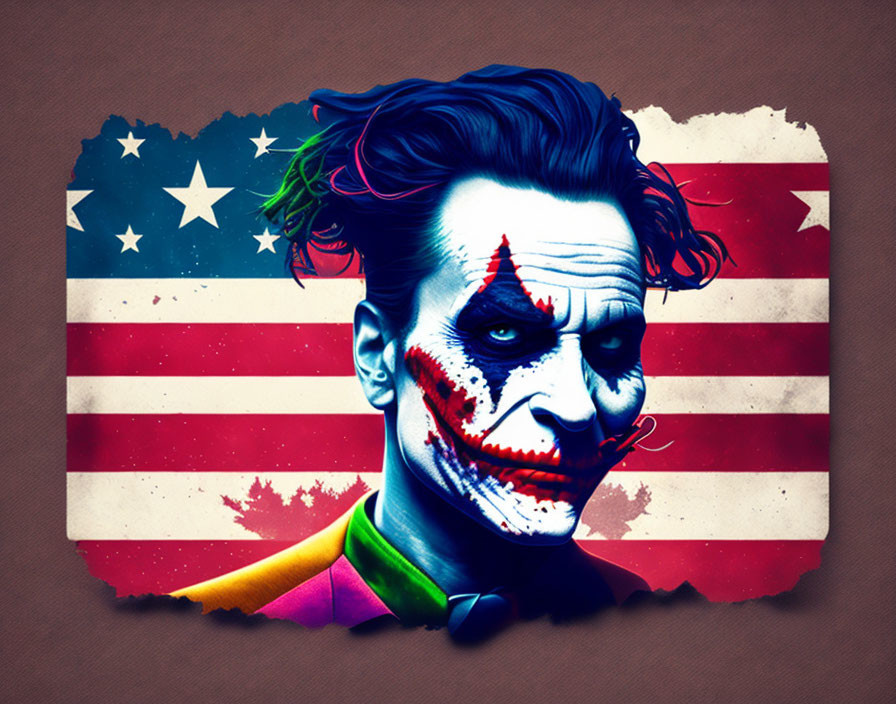Character with clown makeup on weathered American flag backdrop