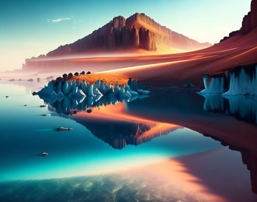 Tranquil landscape: Cliff reflection in calm water at sunset