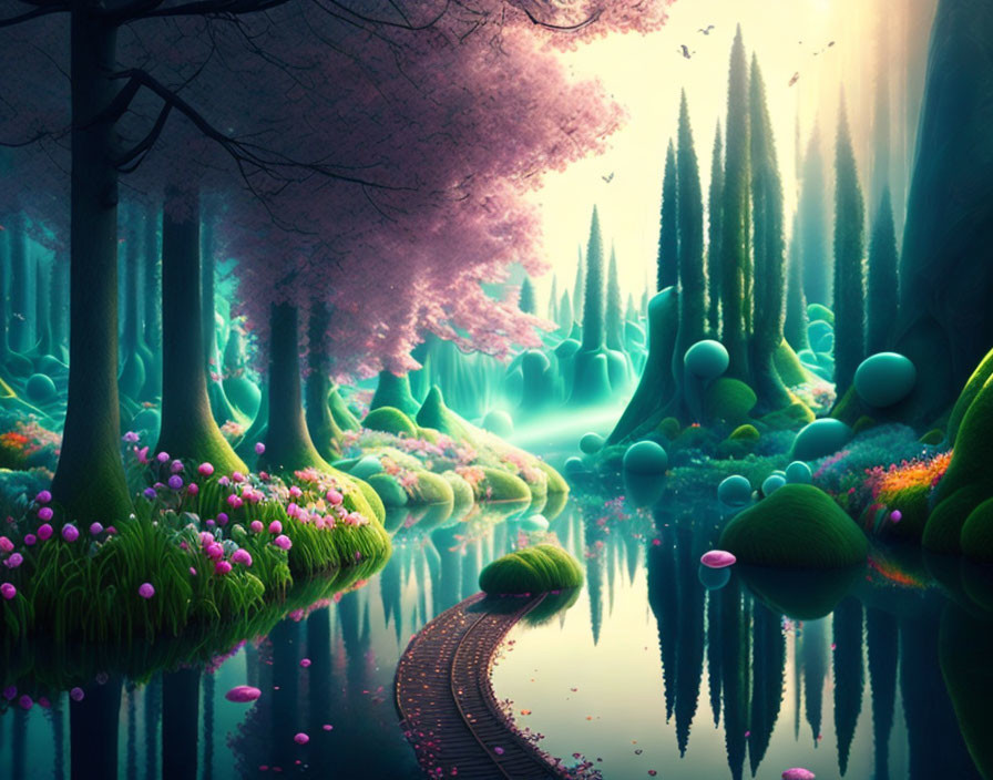 Fantasy landscape with pink cherry blossoms, lush greenery, serene river