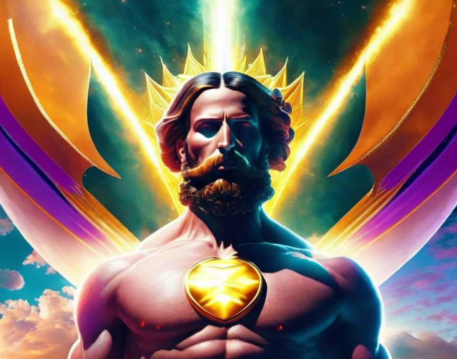 Stylized artwork of a bearded man with glowing heart symbol and crown in cosmic setting