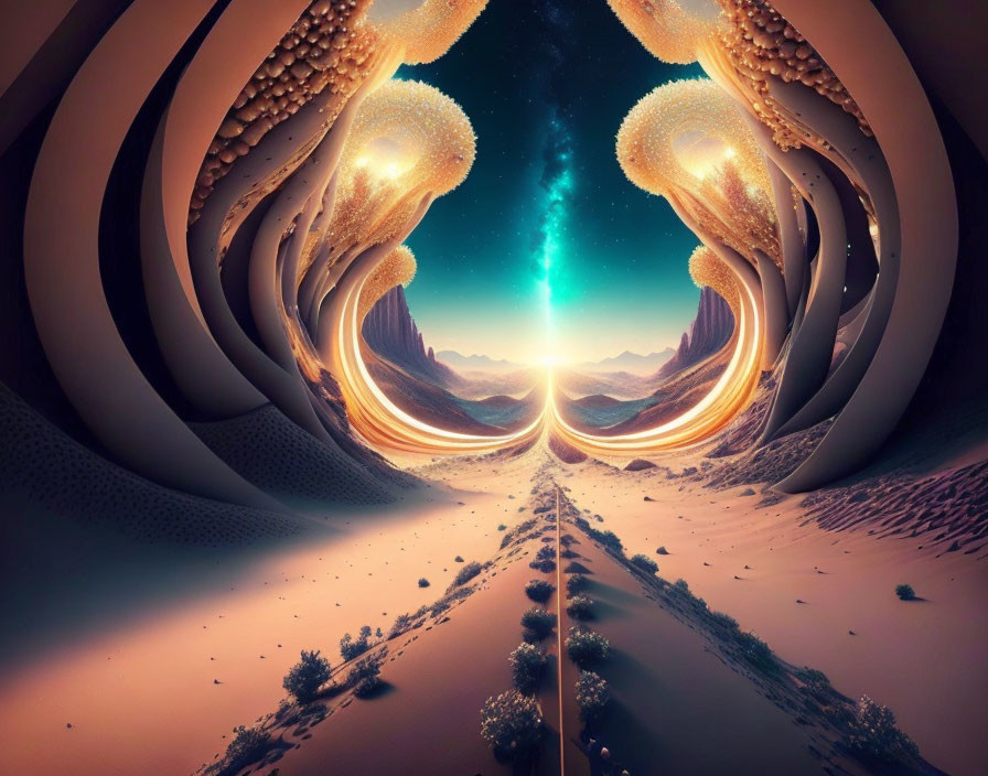 Surreal desert landscape with swirling dunes and glowing orbs