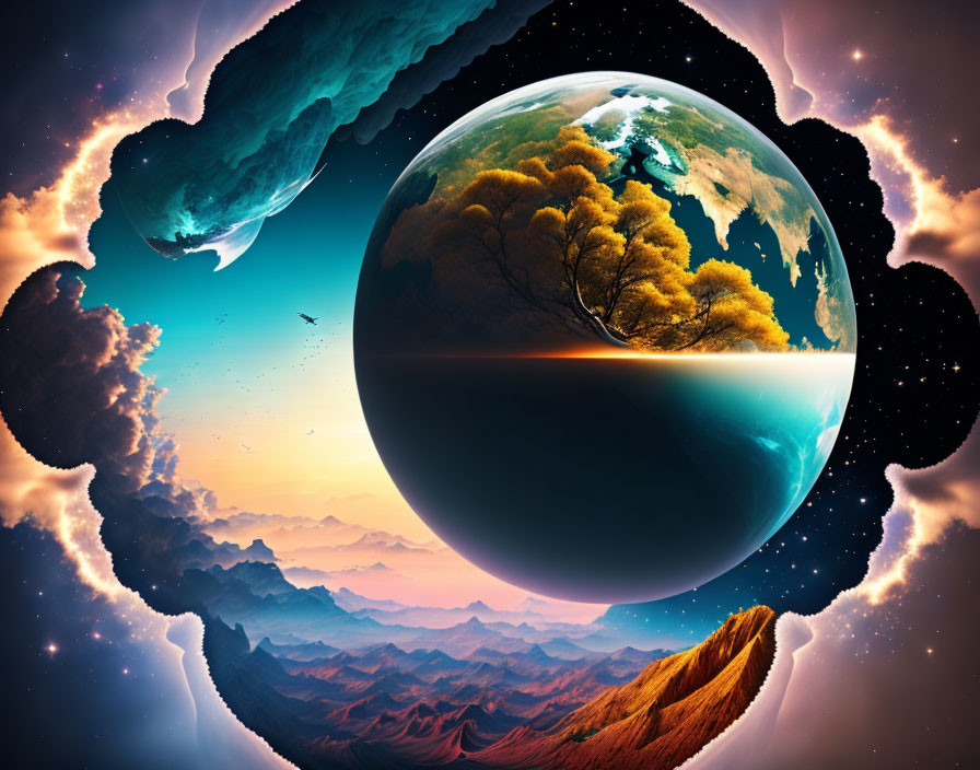 Composite surreal image: Earth surrounded by dreamlike clouds, mountains, and starry space.