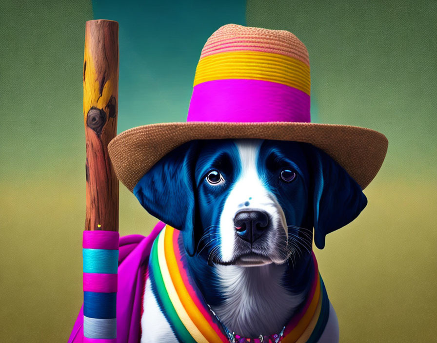 Colorful Striped Serape and Multicolored Hat on Dog carrying Wooden Stick
