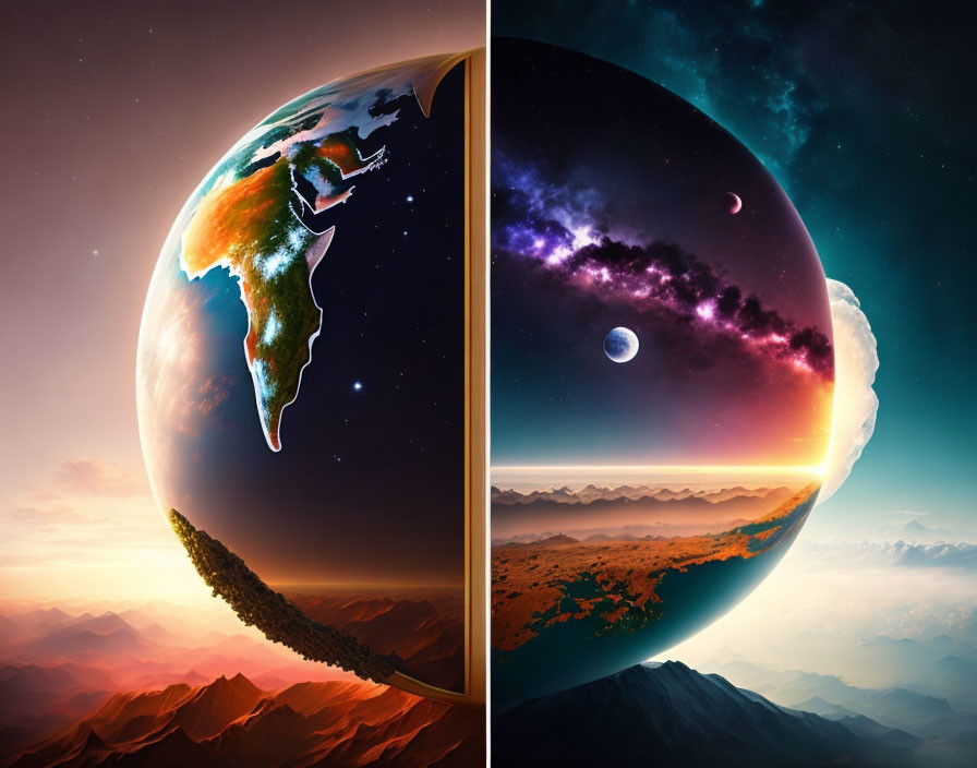 Split-composition image of Earth: day and night contrast with continents, starry sky, mountains,