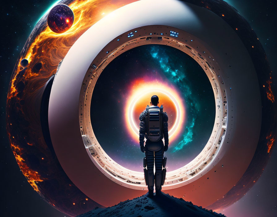 Astronaut in front of colorful wormhole and celestial bodies