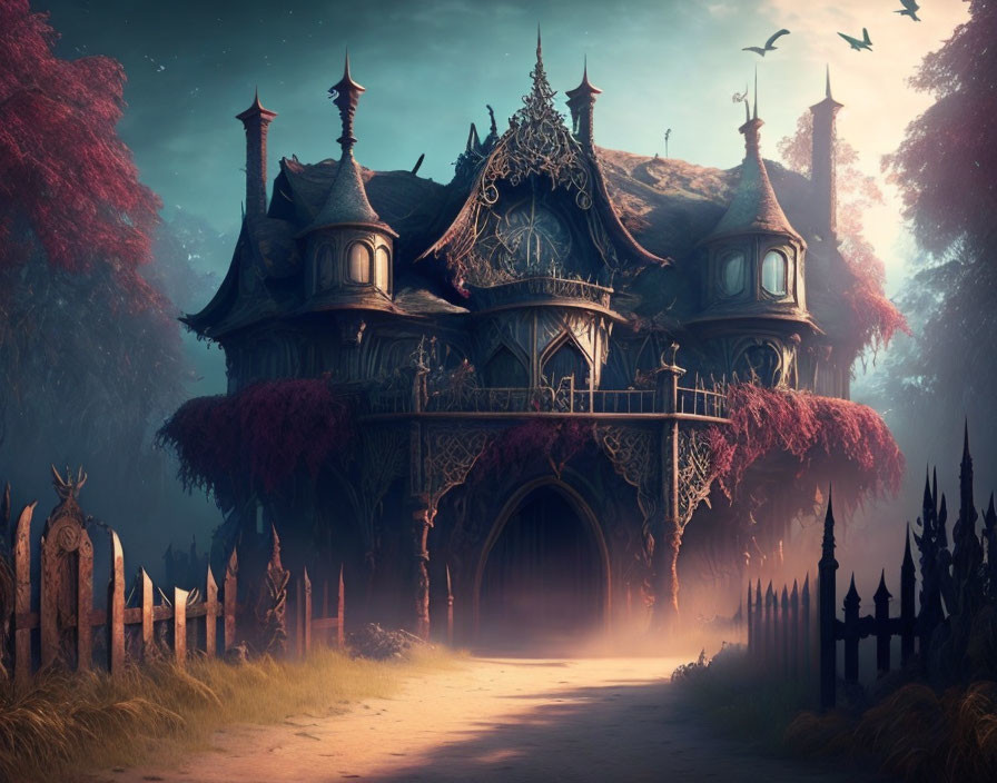Gothic-style fantasy mansion in crimson foliage with birds at twilight