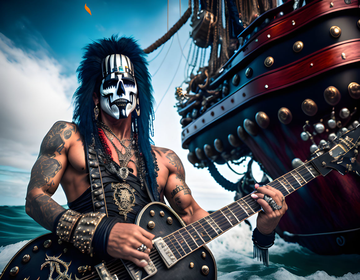 Elaborately costumed person with guitar in post-apocalyptic pirate style on fantastical ship