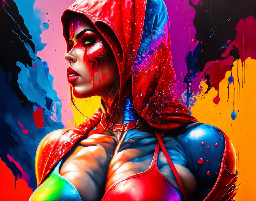 Colorful Woman Portrait with Red Hood and Splatter Effect