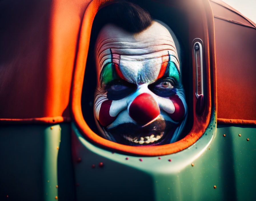 Menacing clown with exaggerated makeup peers through colorful window