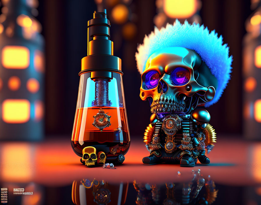 Metallic skull with blue mohawk and potion bottle on reflective surface