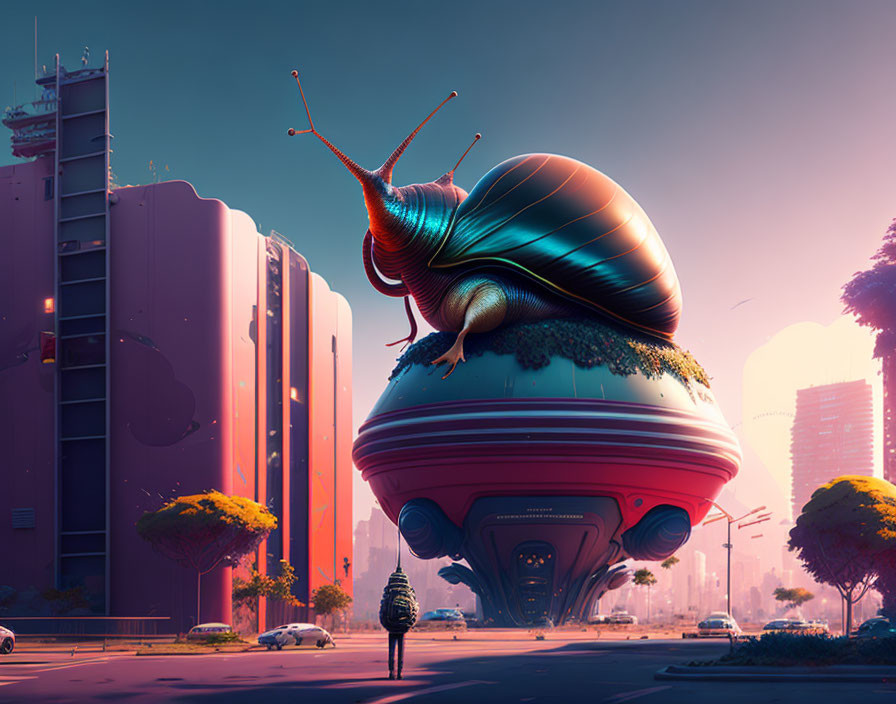 Giant snail on futuristic spaceship in urban setting with pink and blue hues