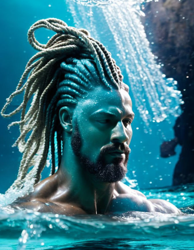 Man with braided hair submerged in water with droplets, blue underwater backdrop