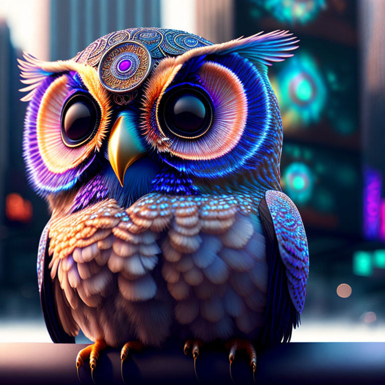 Colorful Owl Digital Illustration with Neon Cityscape Background
