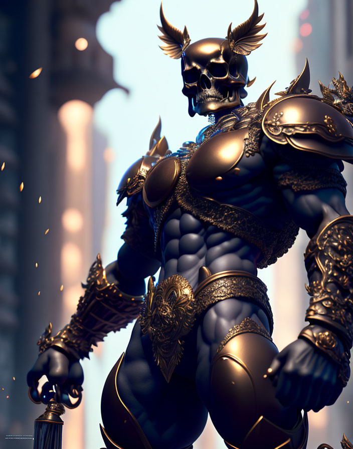 Muscular fantasy warrior in black and gold armor against urban skyscraper.