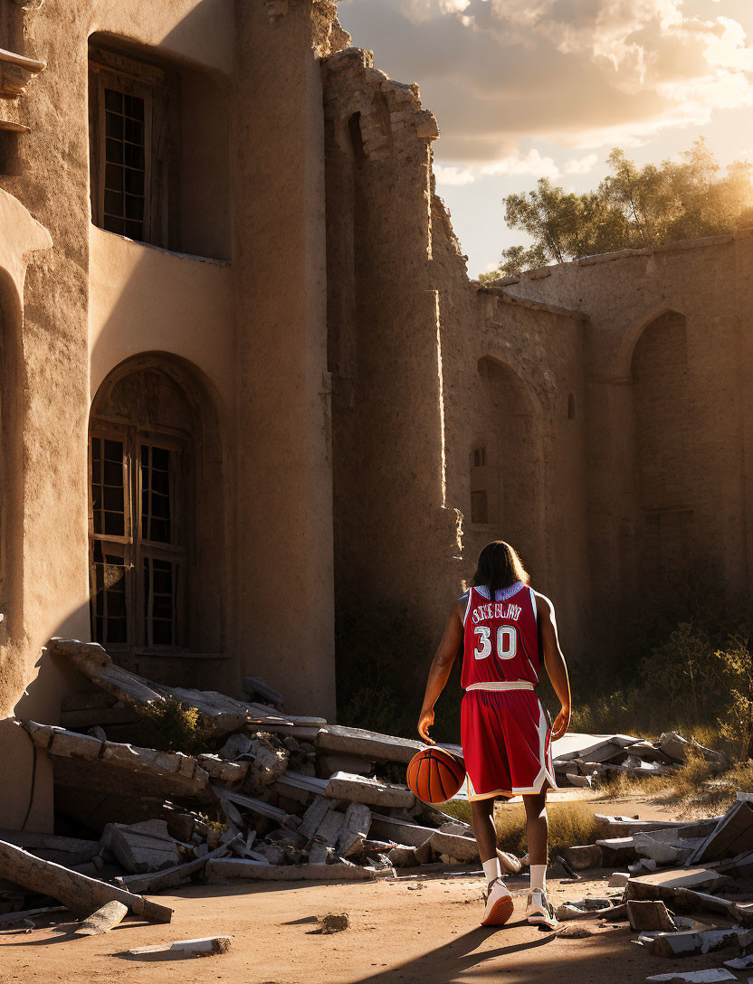Person in red basketball jersey dribbling ball in ruins at golden hour