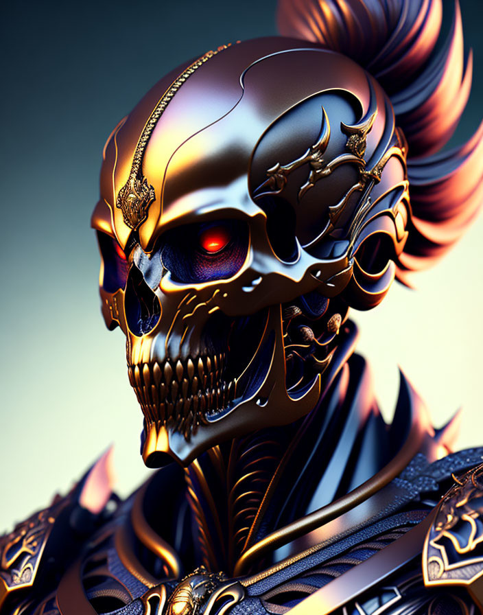 Detailed 3D Illustration of Metallic Skull with Gold Embellishments