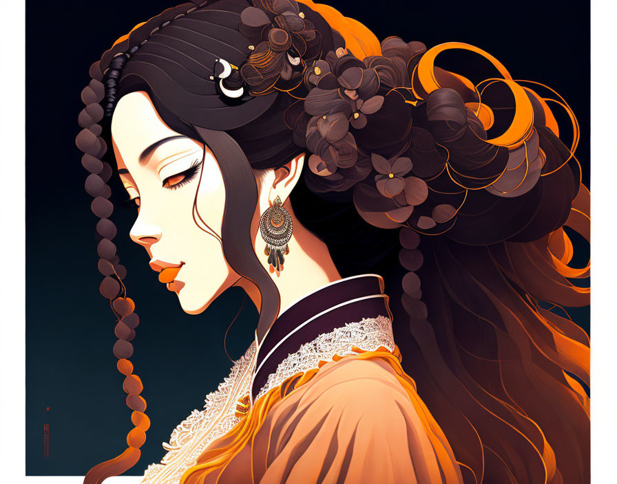 Elegant woman portrait with ornate hairstyle and earrings in rich brown and orange hues