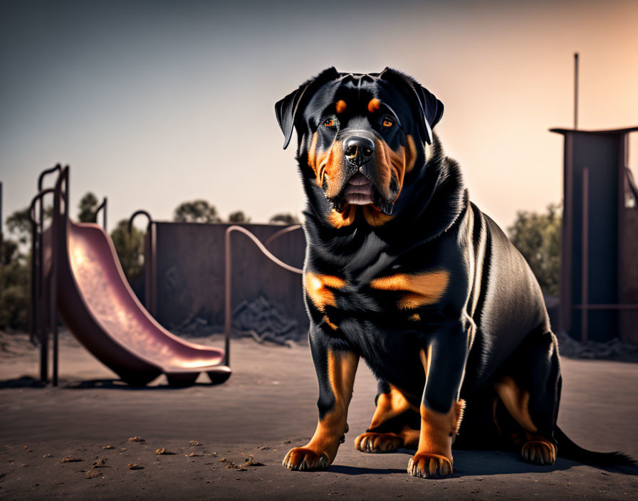 Majestic Rottweiler Dog in Playground with Slide
