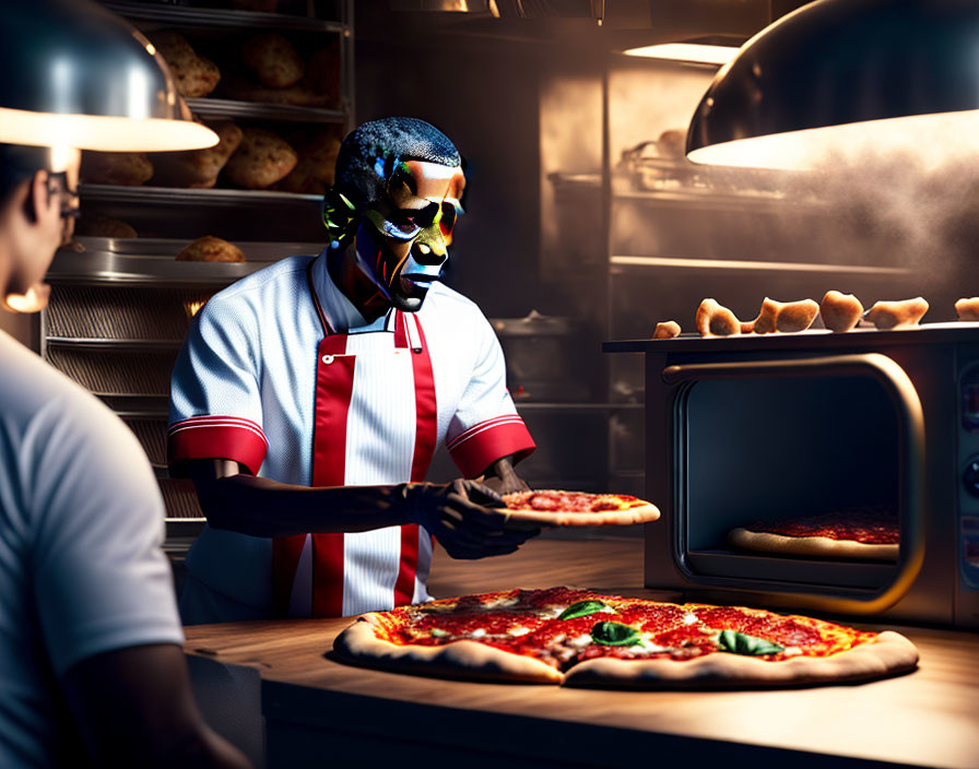 Person in Striped Uniform Baking Pizza in Dimly Lit Kitchen