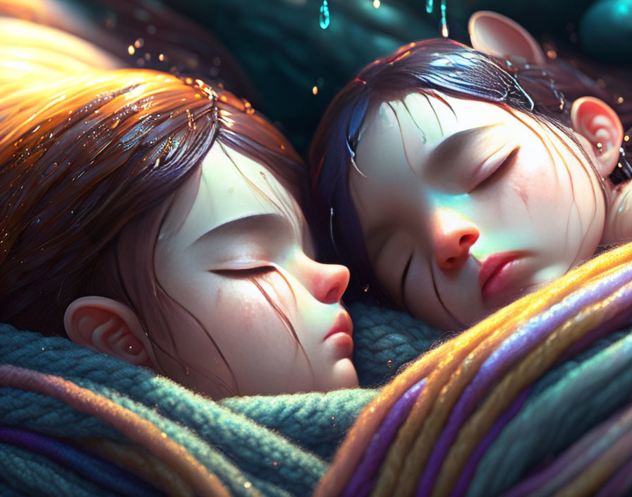 Children sleeping peacefully among colorful threads in soft lighting with water droplets on their hair.