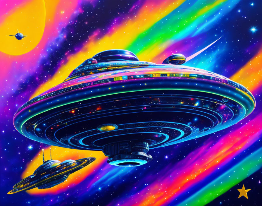 Colorful UFO Fleet Soaring in Psychedelic Cosmos