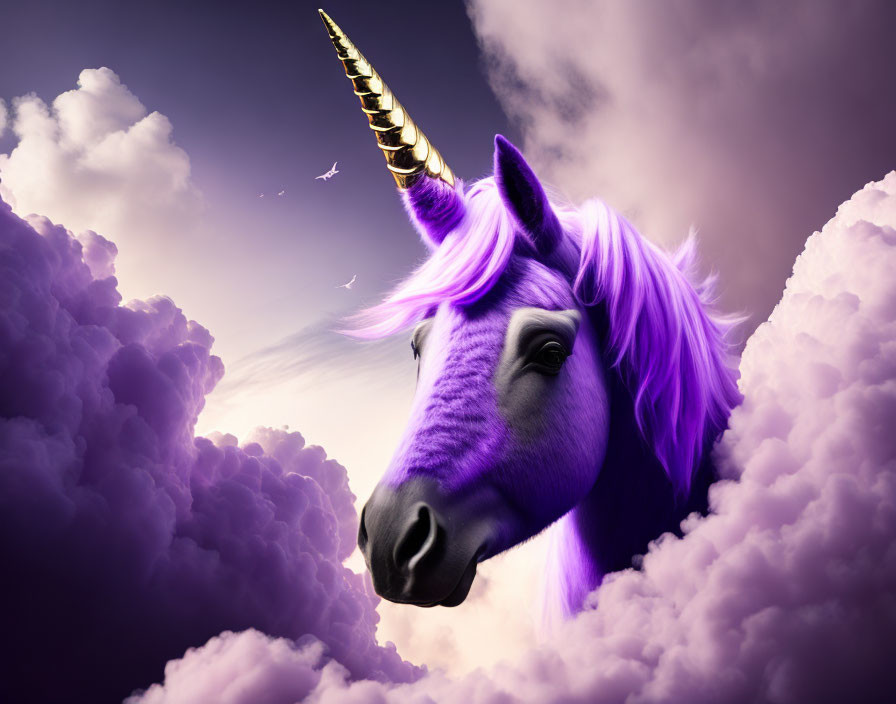 Purple unicorn with golden horn in dramatic sky with birds