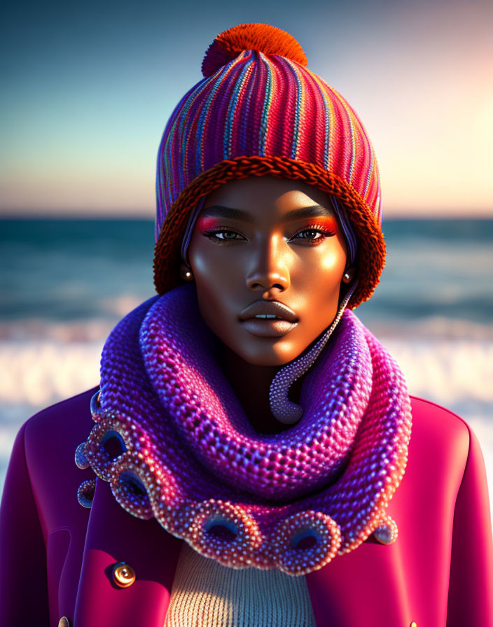 Vibrant 3D illustration of woman in colorful knit hat at beach sunset