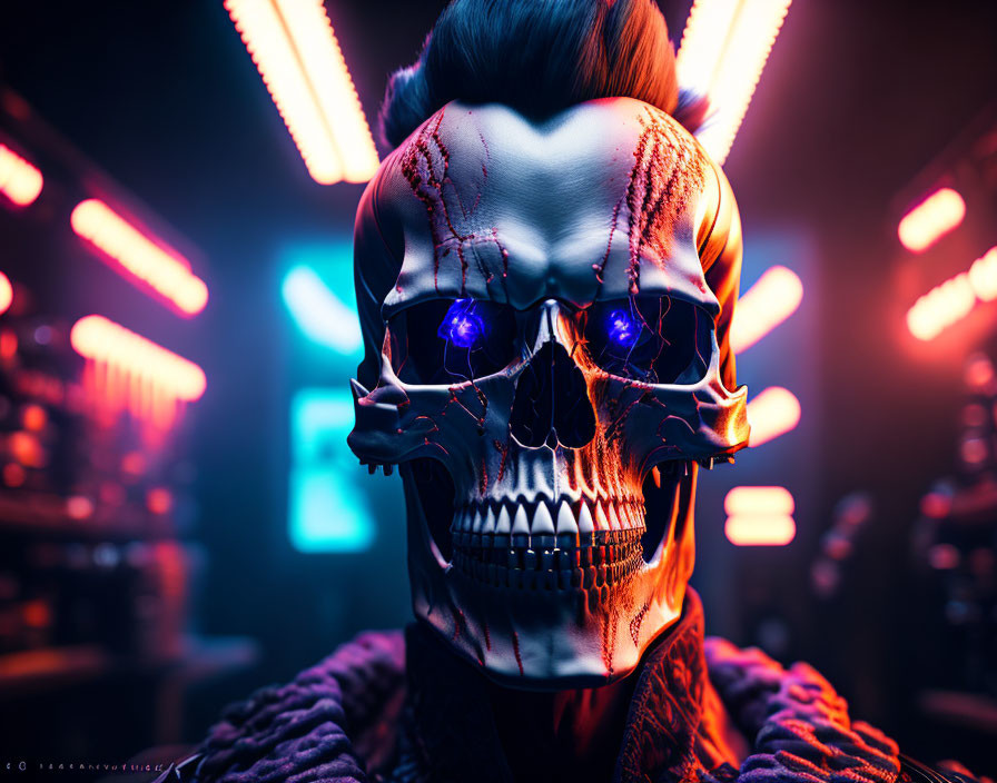 Futuristic glowing skull mask with blue eye lights in neon-lit cyberpunk setting