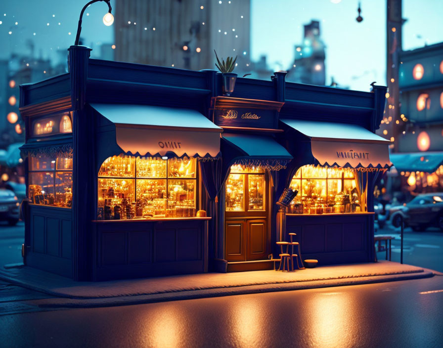Snowfall scene: Cozy corner cafe at dusk with warm lighting and falling snowflakes