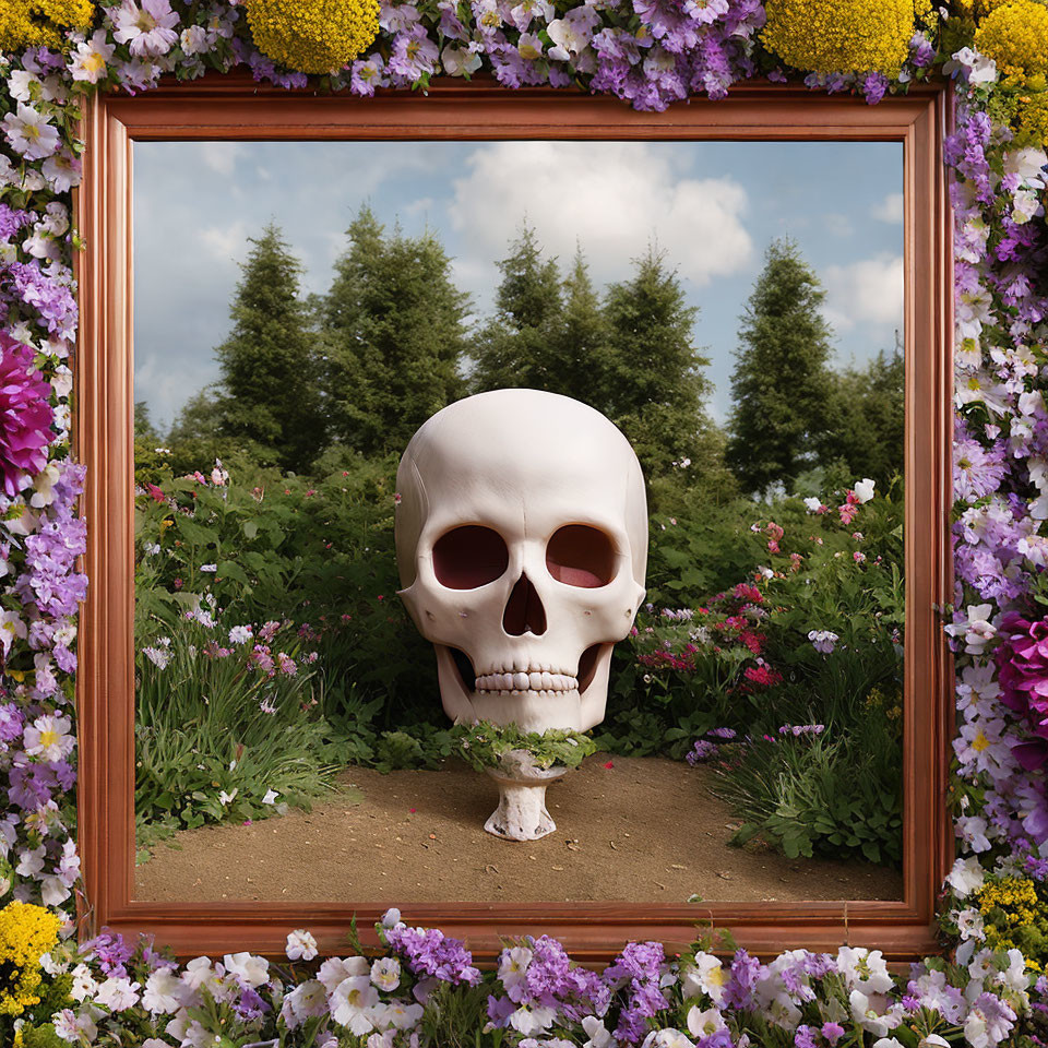 Human skull in floral frame against greenery and blue skies