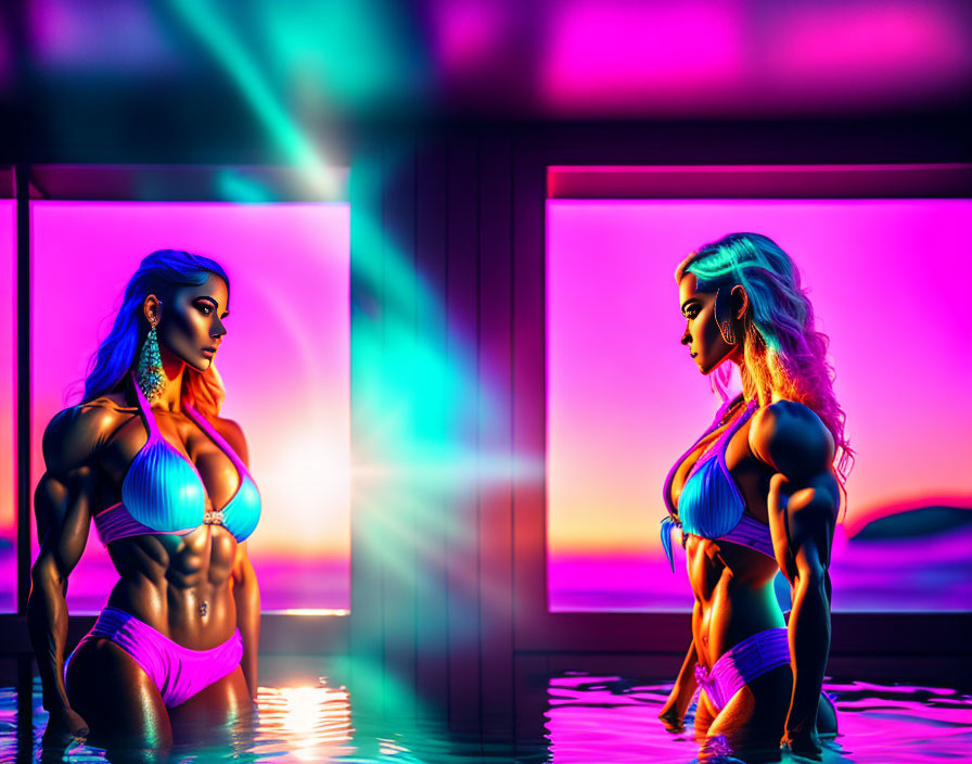 Stylized muscular female figures in neon-lit mirrored room