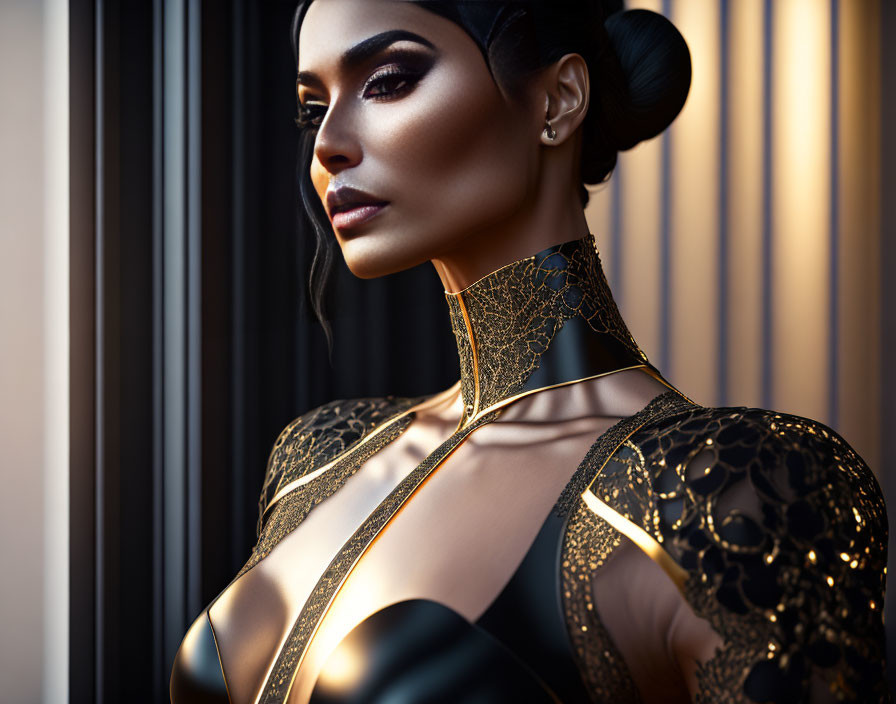 Sleek hair, bold makeup, black and gold outfit next to vertical lighted lines