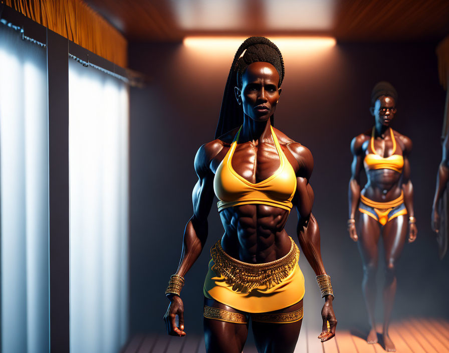 Athletic woman in yellow and black outfit with gold accessories in dramatic lighting