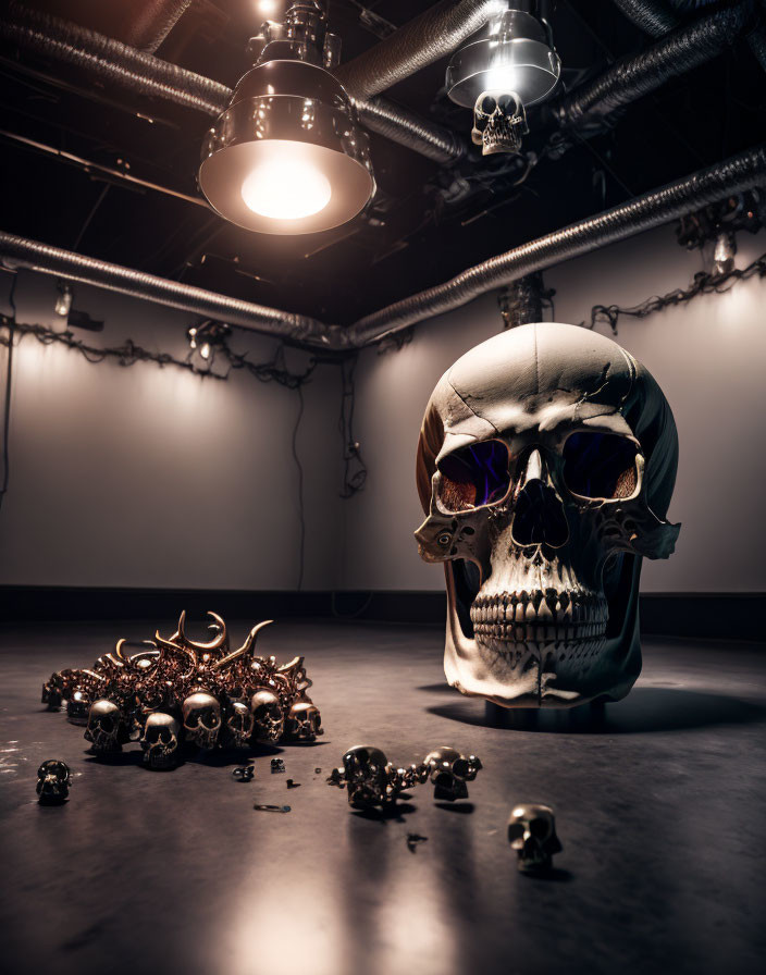 Large Metallic Skull with Purple Glowing Eyes in Dark Room