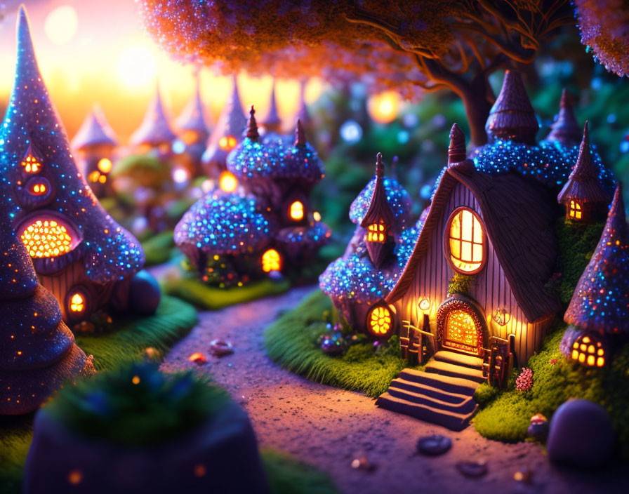Fantasy village with twinkling lights and whimsical houses in lush setting