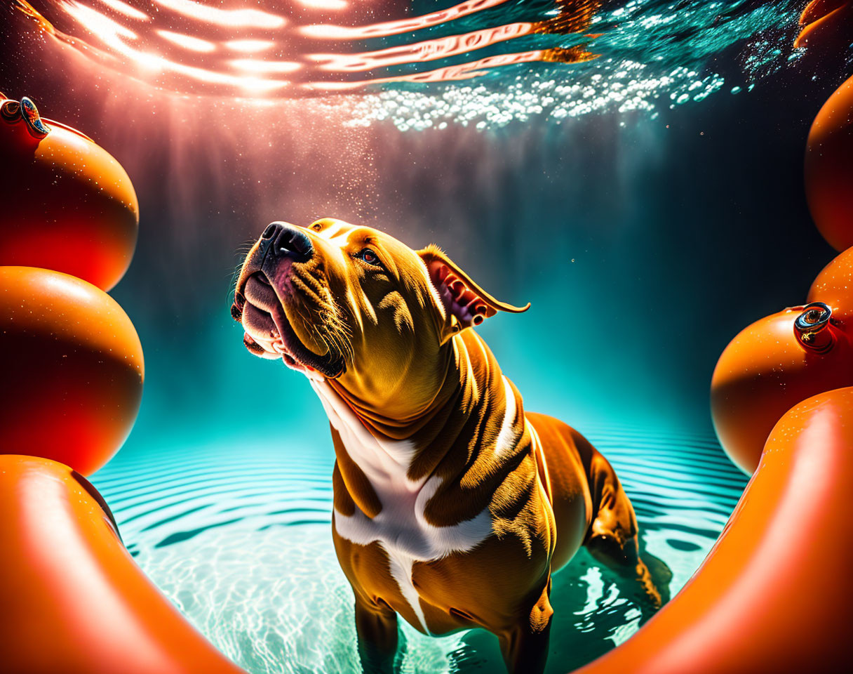 Dog in water with red toys under sunlight