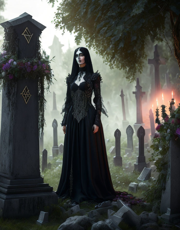 Gothic woman in misty graveyard with candles