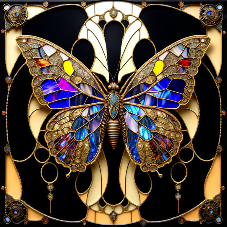 Steampunk-inspired butterfly with metallic and stained glass wings on cog backdrop