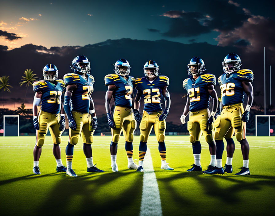 Five Football Players in Blue and Yellow Uniforms on Field at Sunset