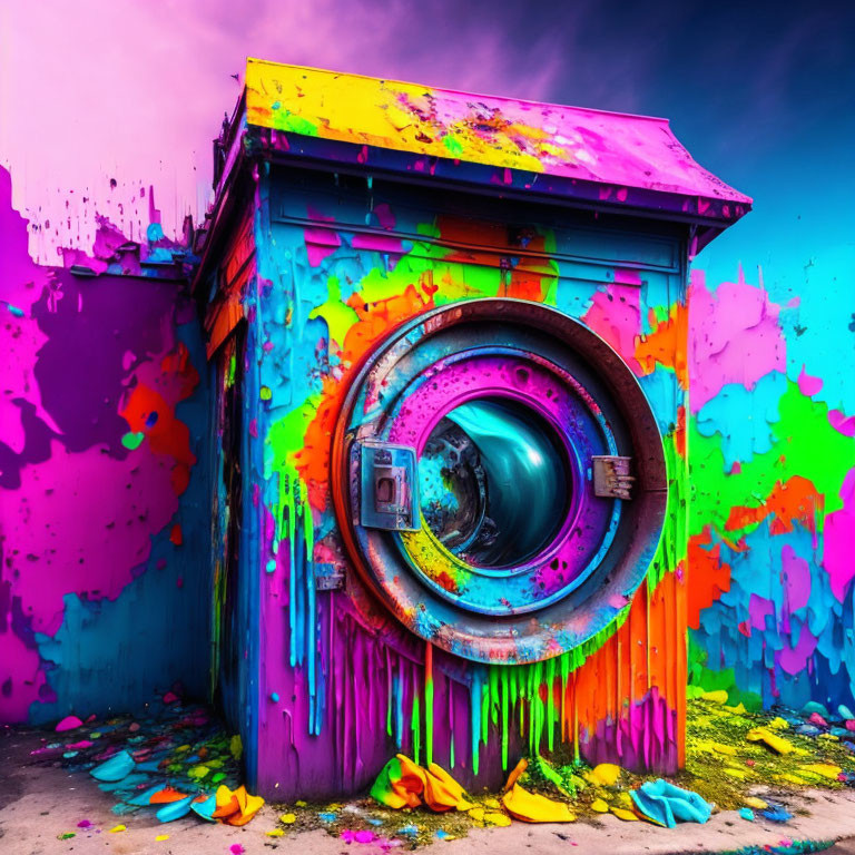 Colorful Graffiti-Covered Washing Machine Booth and Wall Under Blue Sky